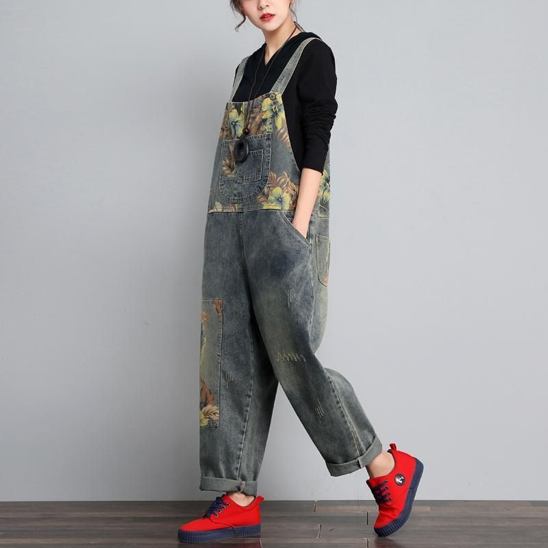 Herfst Winter Denim Losse Retro Printing Dunne Jumpsuit