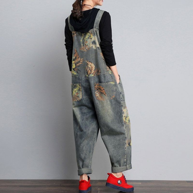 Herfst Winter Denim Losse Retro Printing Dunne Jumpsuit