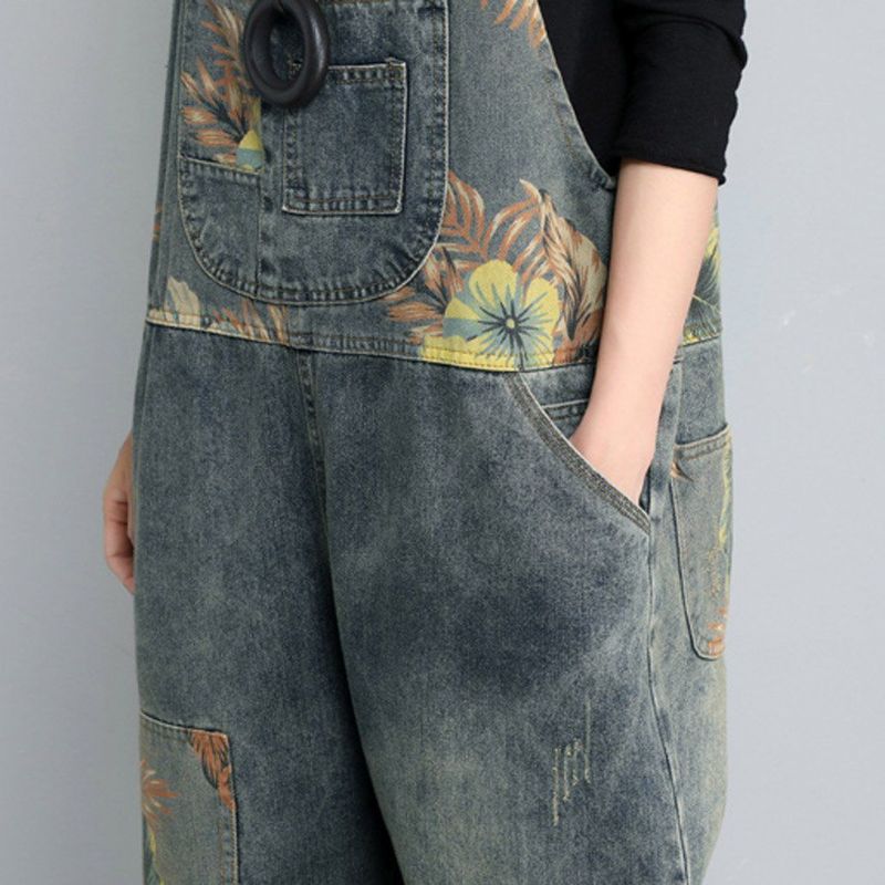 Herfst Winter Denim Losse Retro Printing Dunne Jumpsuit