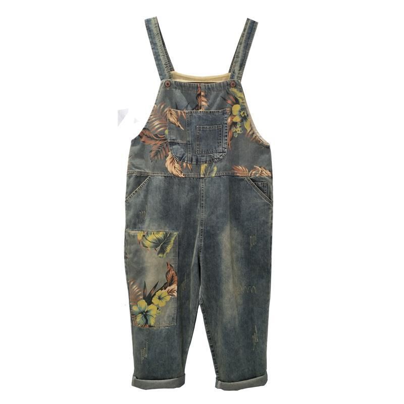 Herfst Winter Denim Losse Retro Printing Dunne Jumpsuit