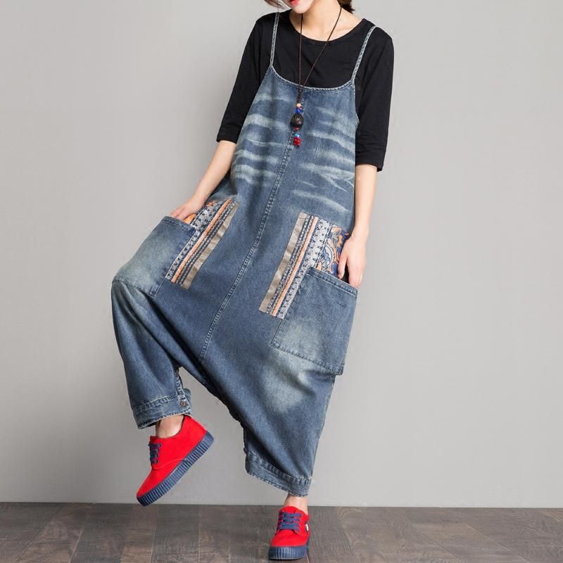 Lente Denim Slabbetje Losse Kruisband Jumpsuit