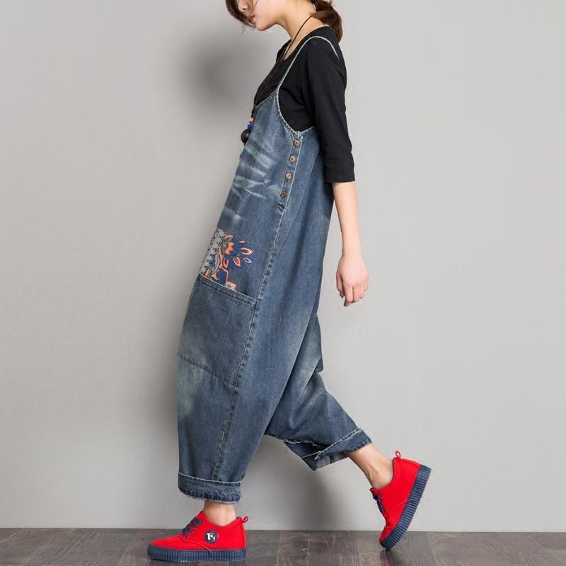 Lente Denim Slabbetje Losse Kruisband Jumpsuit