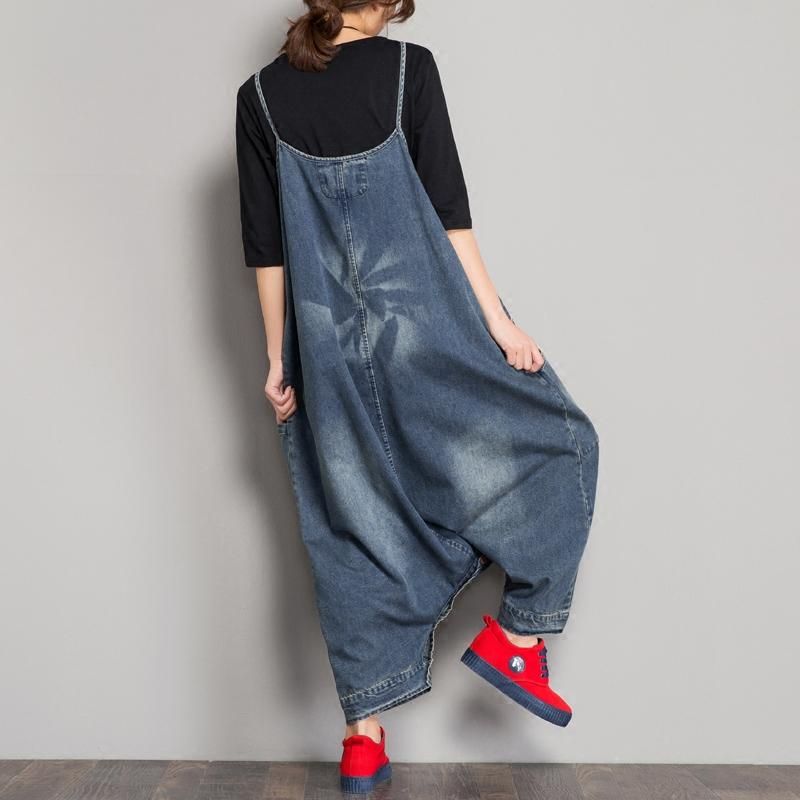 Lente Denim Slabbetje Losse Kruisband Jumpsuit