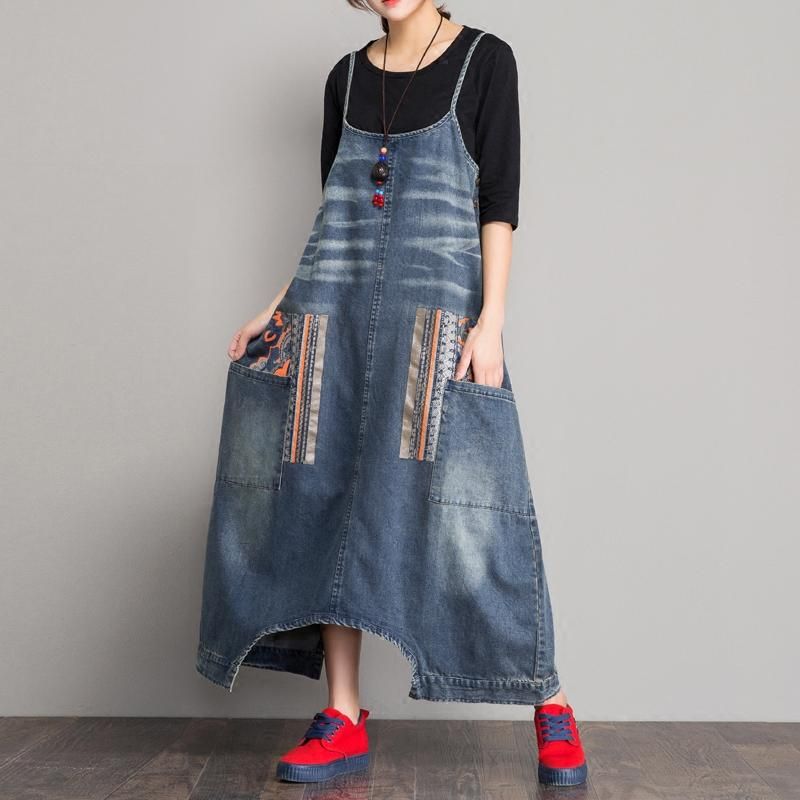 Lente Denim Slabbetje Losse Kruisband Jumpsuit