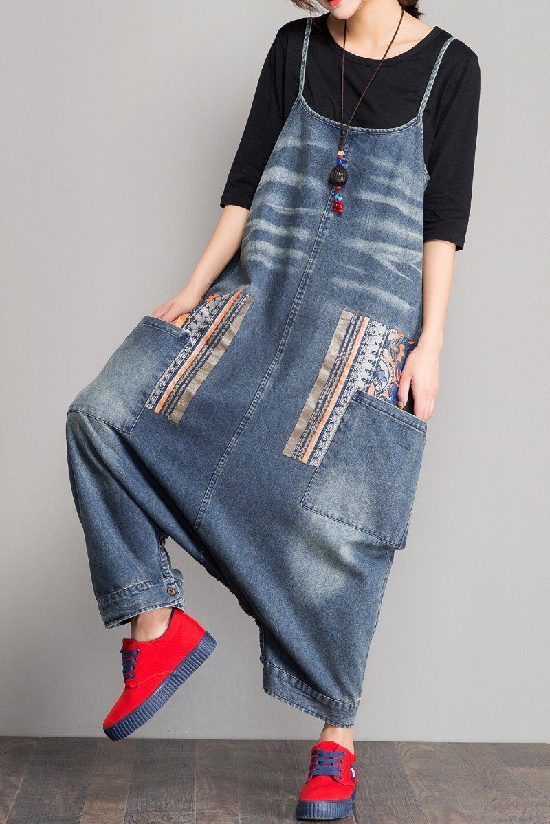 Lente Denim Slabbetje Losse Kruisband Jumpsuit