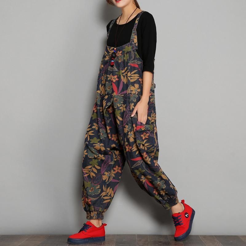 Lente Herfst Bedrukte Denim Bloemen Casual Jumpsuits