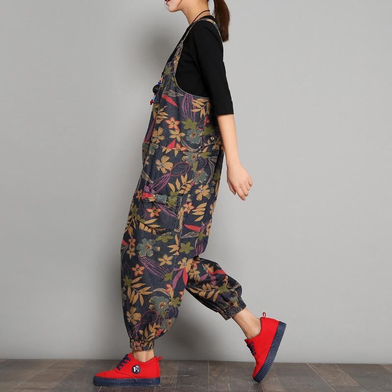 Lente Herfst Bedrukte Denim Bloemen Casual Jumpsuits