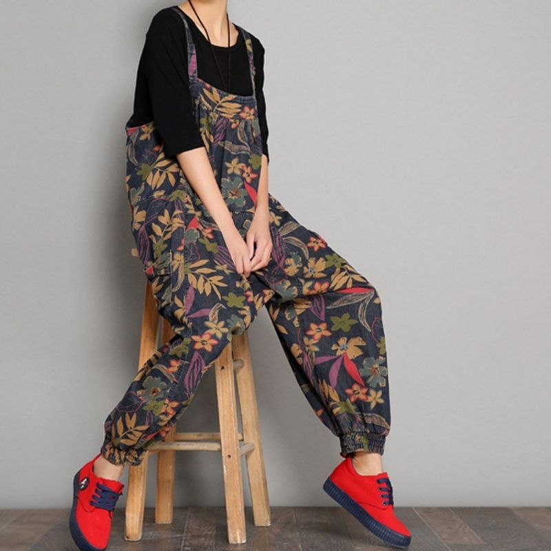 Lente Herfst Bedrukte Denim Bloemen Casual Jumpsuits