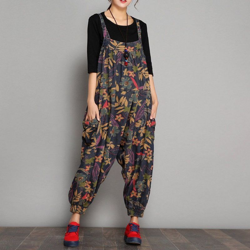 Lente Herfst Bedrukte Denim Bloemen Casual Jumpsuits