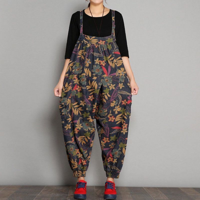 Lente Herfst Bedrukte Denim Bloemen Casual Jumpsuits