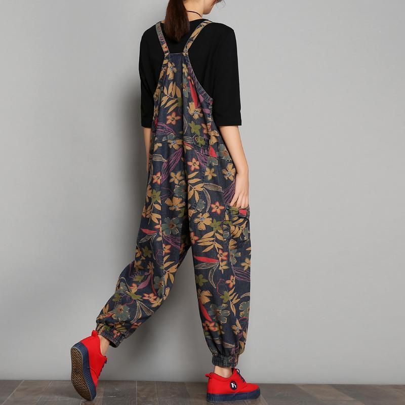 Lente Herfst Bedrukte Denim Bloemen Casual Jumpsuits