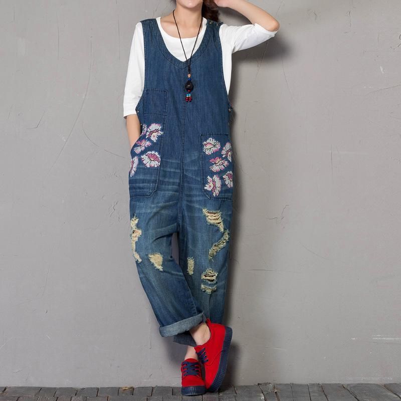 Lente Herfst Denim Losse Print Mouwloze Jumpsuit