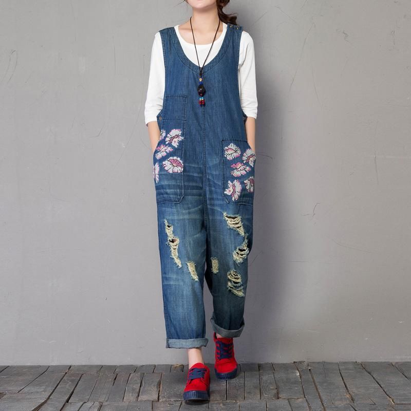 Lente Herfst Denim Losse Print Mouwloze Jumpsuit