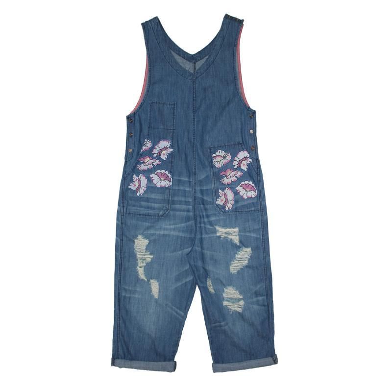 Lente Herfst Denim Losse Print Mouwloze Jumpsuit