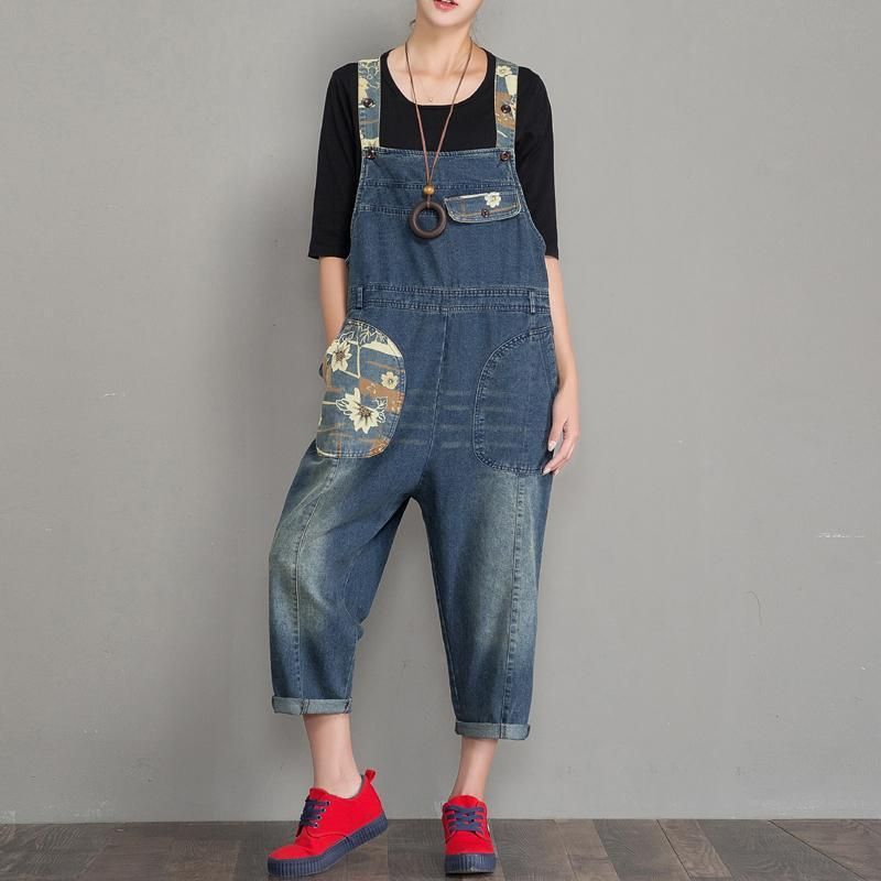 Lente Herfst Denim Losse Retro Patch Jumpsuit