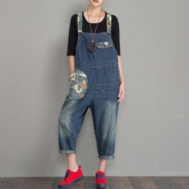 Lente Herfst Denim Losse Retro Patch Jumpsuit