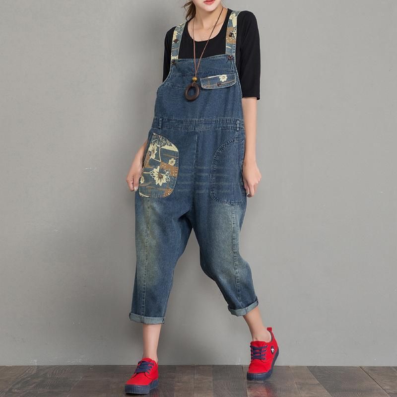 Lente Herfst Denim Losse Retro Patch Jumpsuit