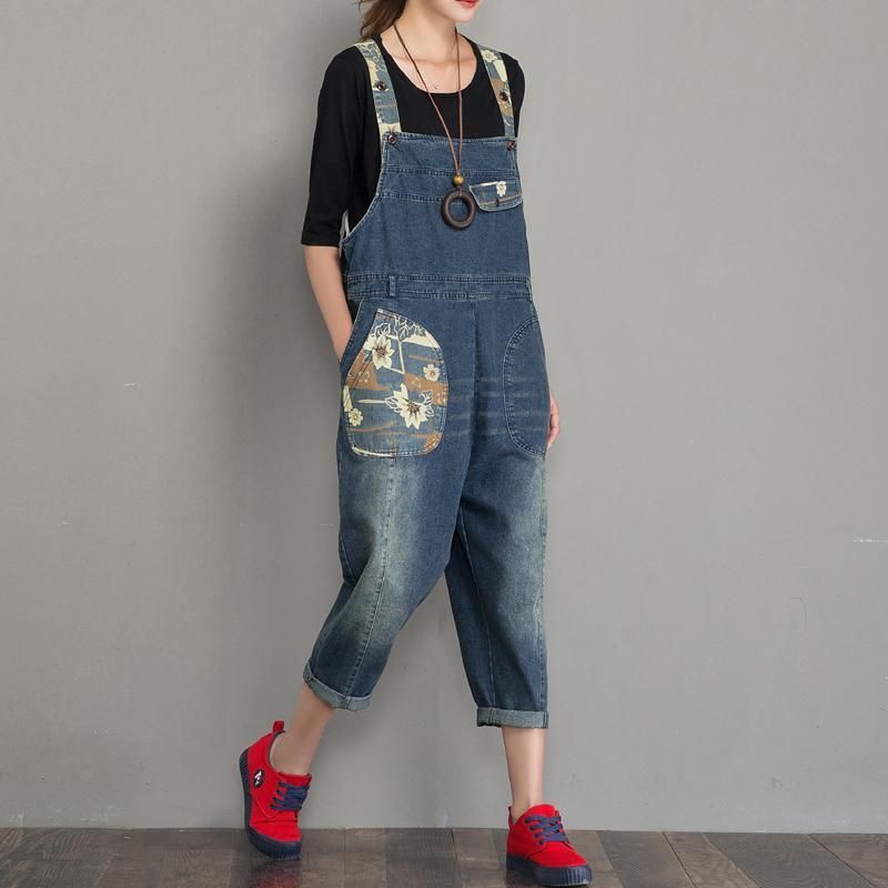 Lente Herfst Denim Losse Retro Patch Jumpsuit