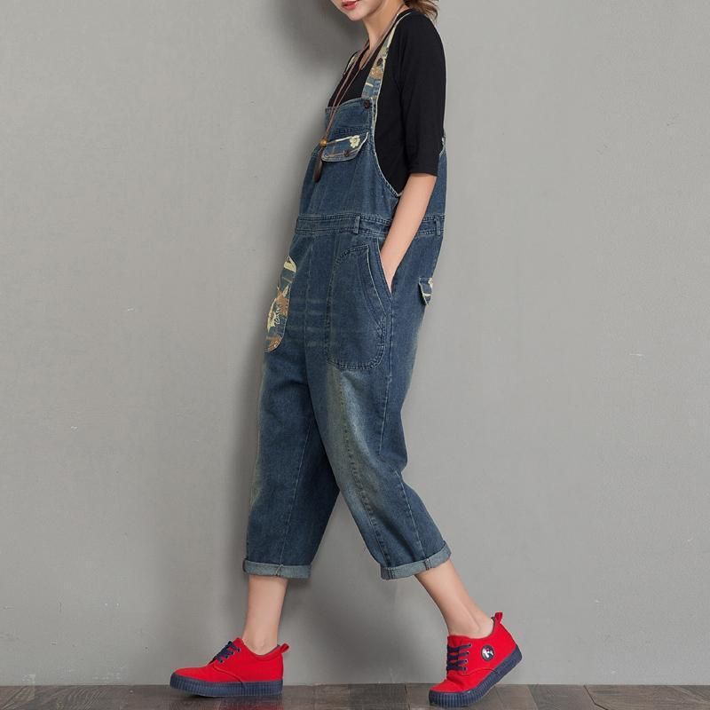 Lente Herfst Denim Losse Retro Patch Jumpsuit