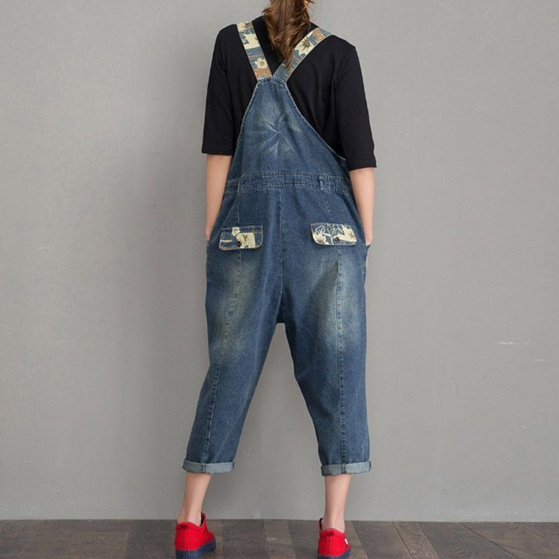 Lente Herfst Denim Losse Retro Patch Jumpsuit