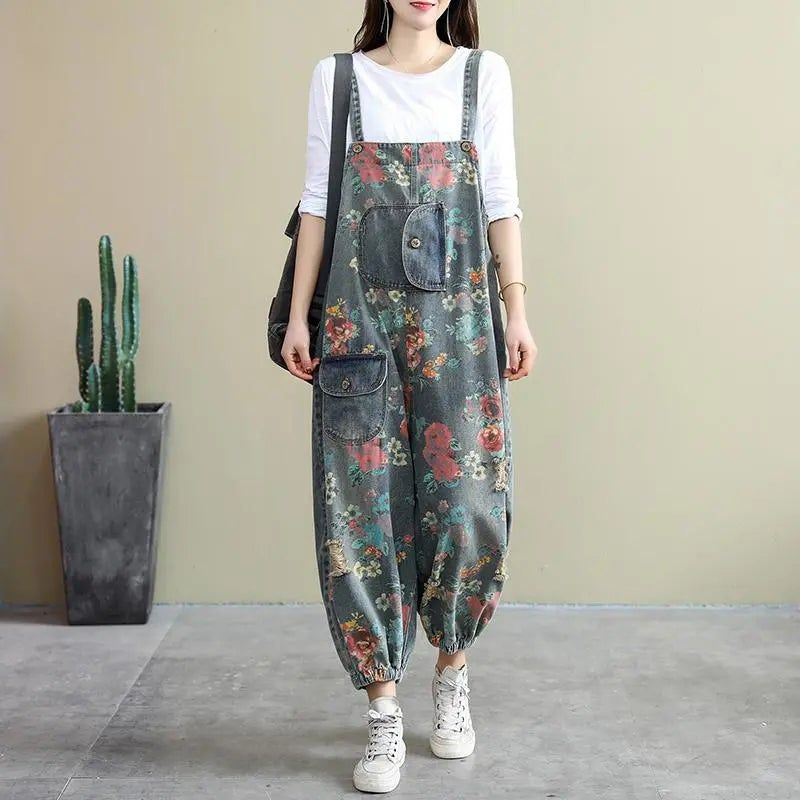 Lente Losse Bloemen Gescheurde Zakken Katoenen Denim Jumpsuit