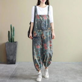 Lente Losse Bloemen Gescheurde Zakken Katoenen Denim Jumpsuit