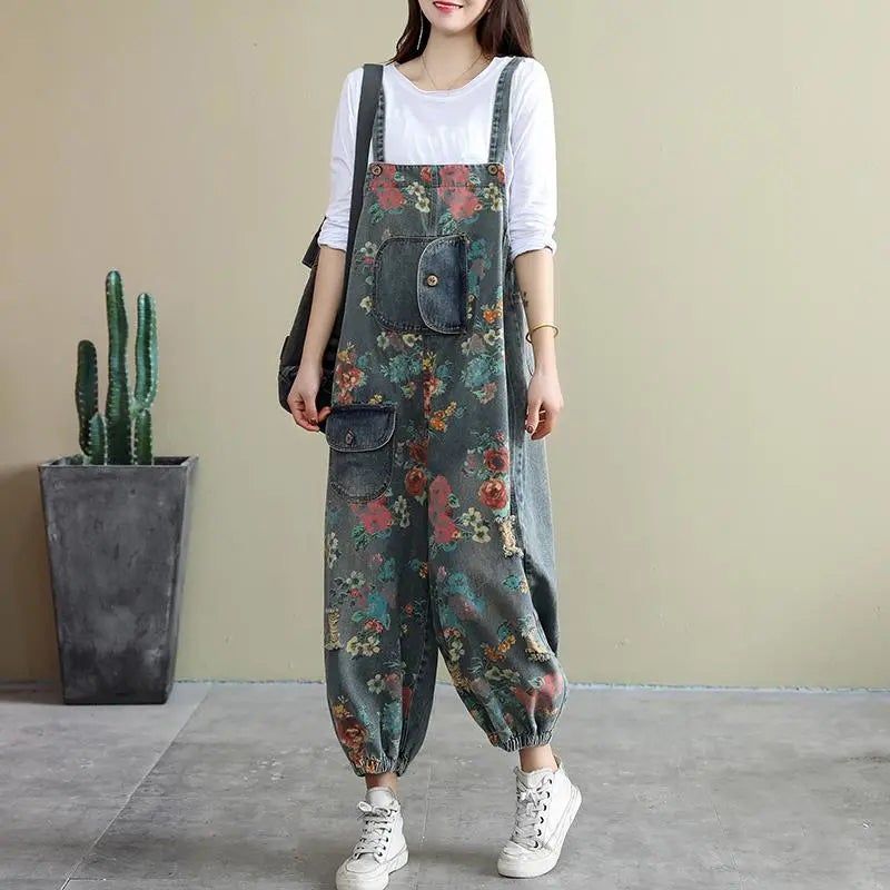 Lente Losse Bloemen Gescheurde Zakken Katoenen Denim Jumpsuit