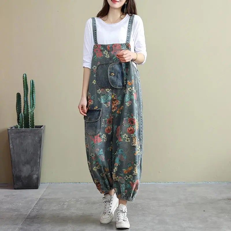 Lente Losse Bloemen Gescheurde Zakken Katoenen Denim Jumpsuit