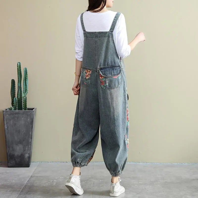 Lente Losse Bloemen Gescheurde Zakken Katoenen Denim Jumpsuit