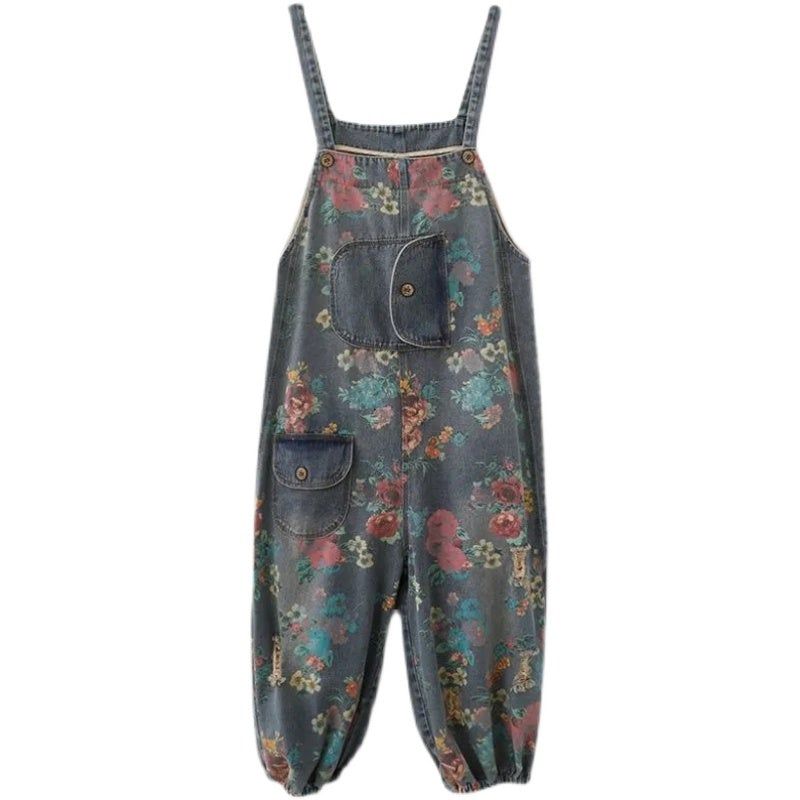 Lente Losse Bloemen Gescheurde Zakken Katoenen Denim Jumpsuit