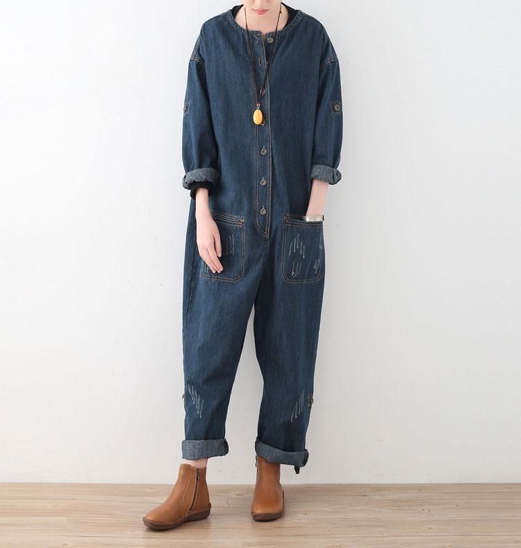 Lente Losse Grote Maat Lange Mouwen Blauw Denim Katoen Tooling Jumpsuits