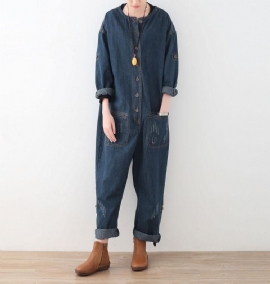 Lente Losse Grote Maat Lange Mouwen Blauw Denim Katoen Tooling Jumpsuits