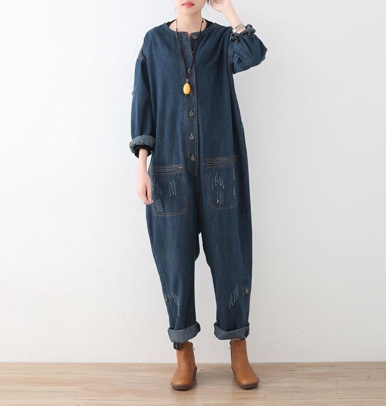 Lente Losse Grote Maat Lange Mouwen Blauw Denim Katoen Tooling Jumpsuits