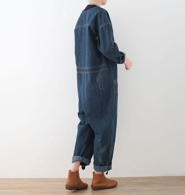 Lente Losse Grote Maat Lange Mouwen Blauw Denim Katoen Tooling Jumpsuits