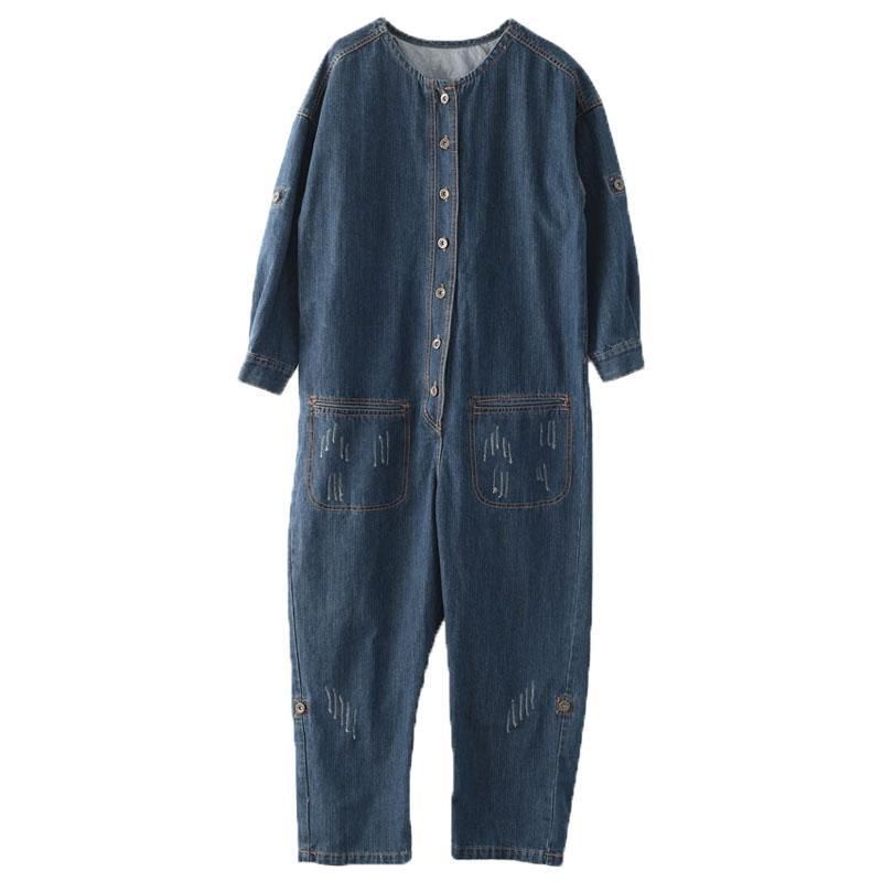 Lente Losse Grote Maat Lange Mouwen Blauw Denim Katoen Tooling Jumpsuits