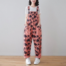 Lente Retro Planten Print Losse Denim Jumpsuit