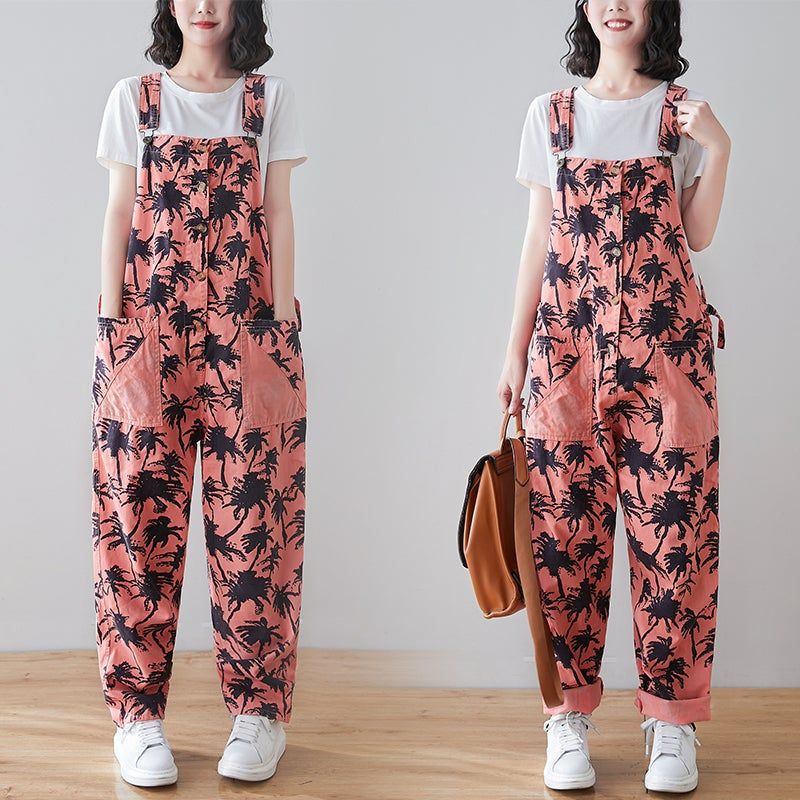 Lente Retro Planten Print Losse Denim Jumpsuit