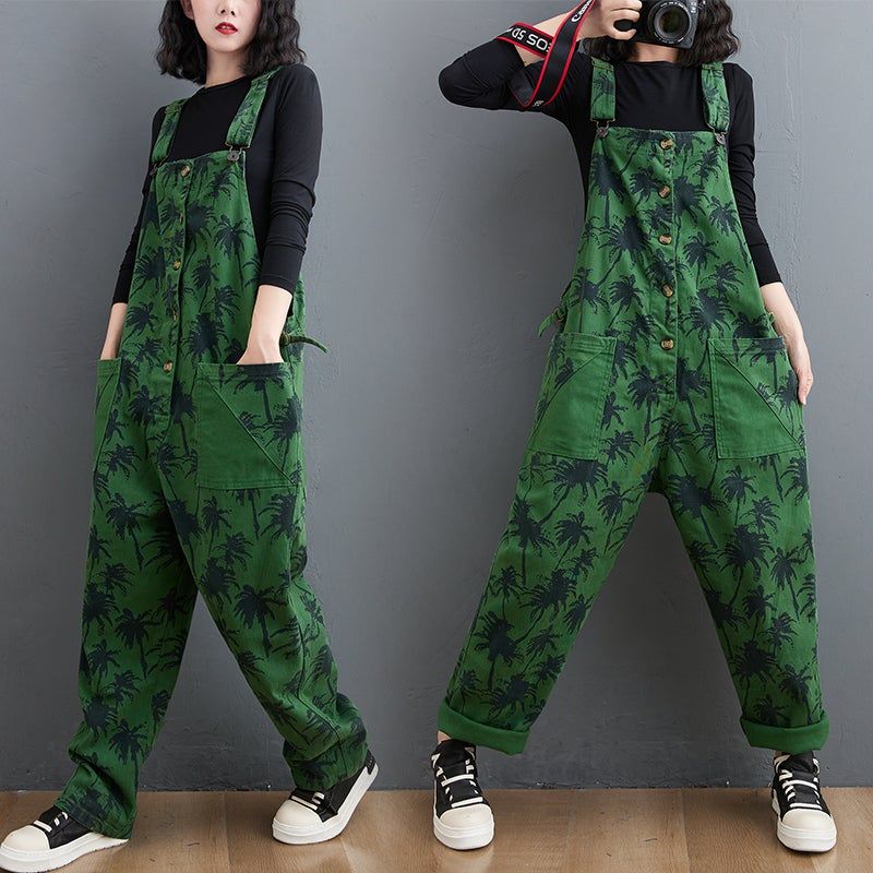 Lente Retro Planten Print Losse Denim Jumpsuit