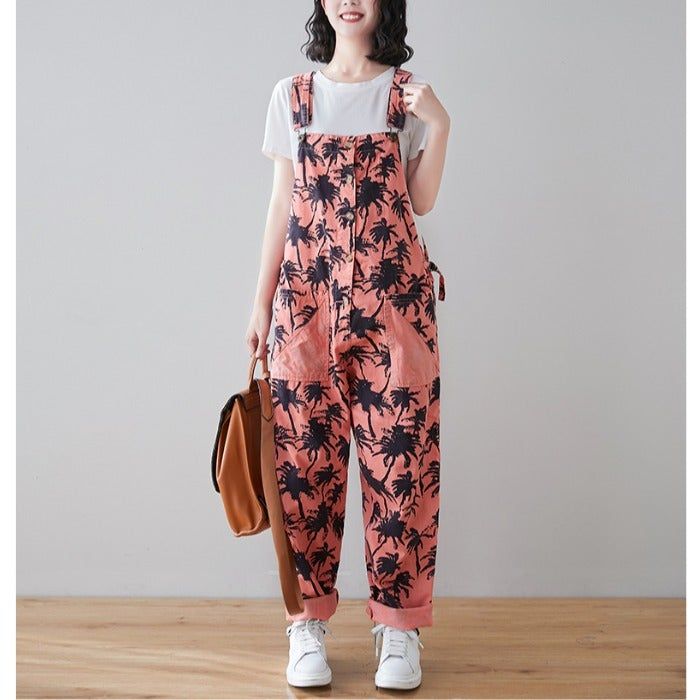 Lente Retro Planten Print Losse Denim Jumpsuit