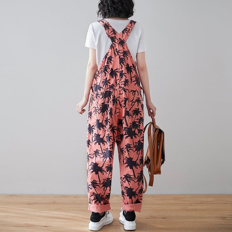 Lente Retro Planten Print Losse Denim Jumpsuit