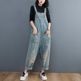 Lente Vrouwen Retro Losse Patchwork Ripped Denim Jumpsuit