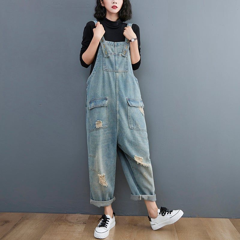 Lente Vrouwen Retro Losse Patchwork Ripped Denim Jumpsuit