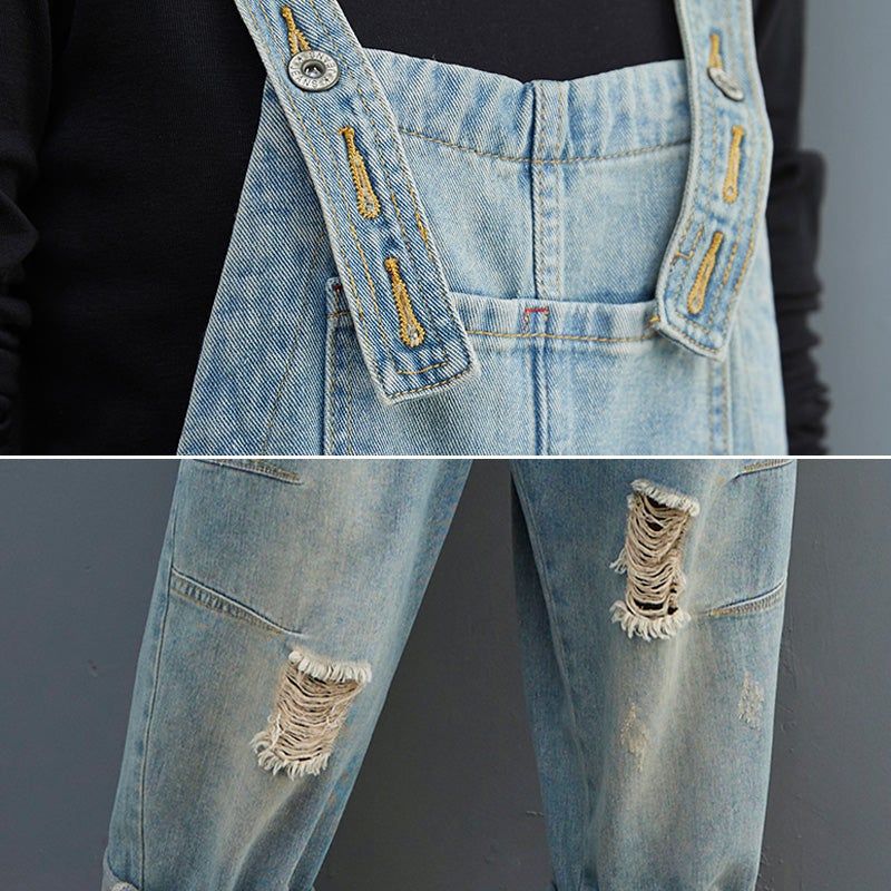 Lente Vrouwen Retro Losse Patchwork Ripped Denim Jumpsuit