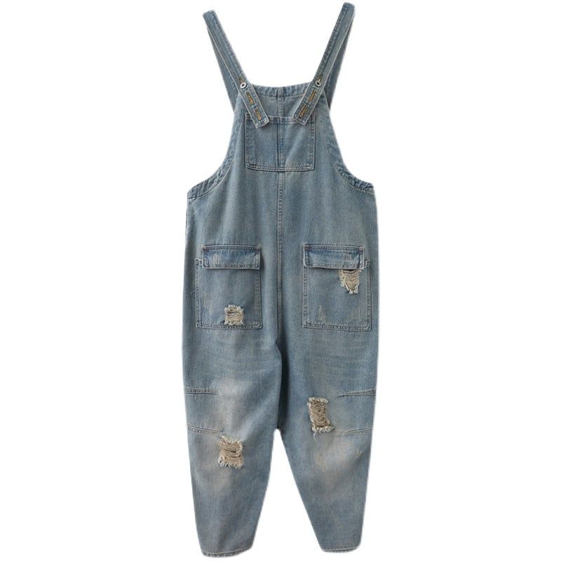 Lente Vrouwen Retro Losse Patchwork Ripped Denim Jumpsuit