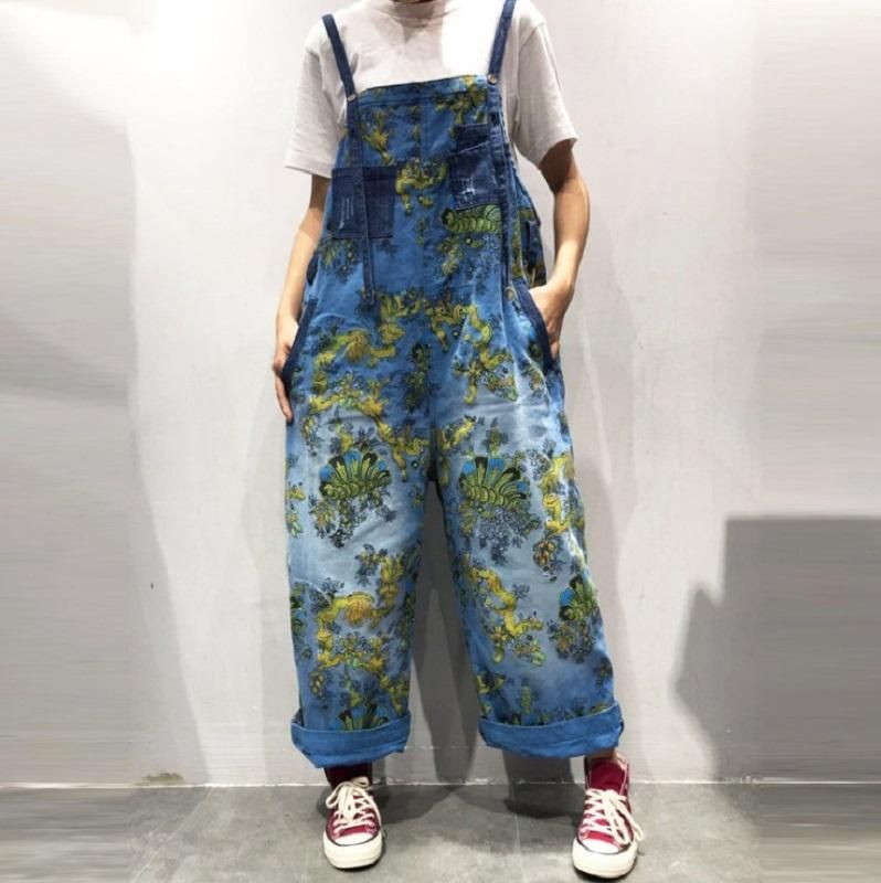 Lente Zomer Retro Losse Gedrukte Bloemen Denim Jumpsuit