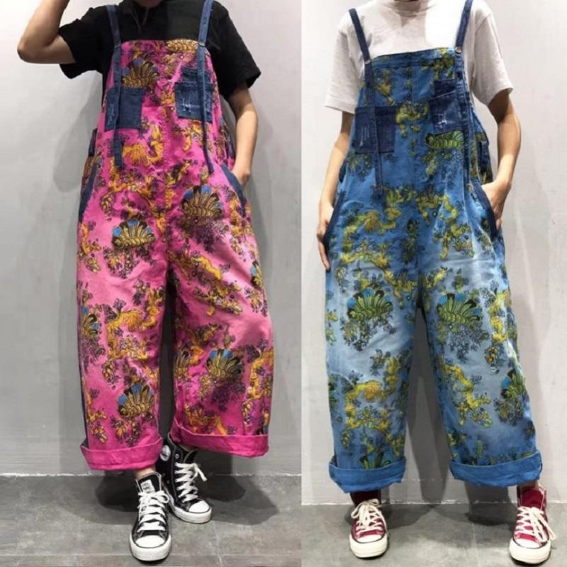 Lente Zomer Retro Losse Gedrukte Bloemen Denim Jumpsuit