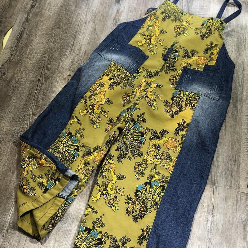 Lente Zomer Retro Losse Gedrukte Bloemen Denim Jumpsuit