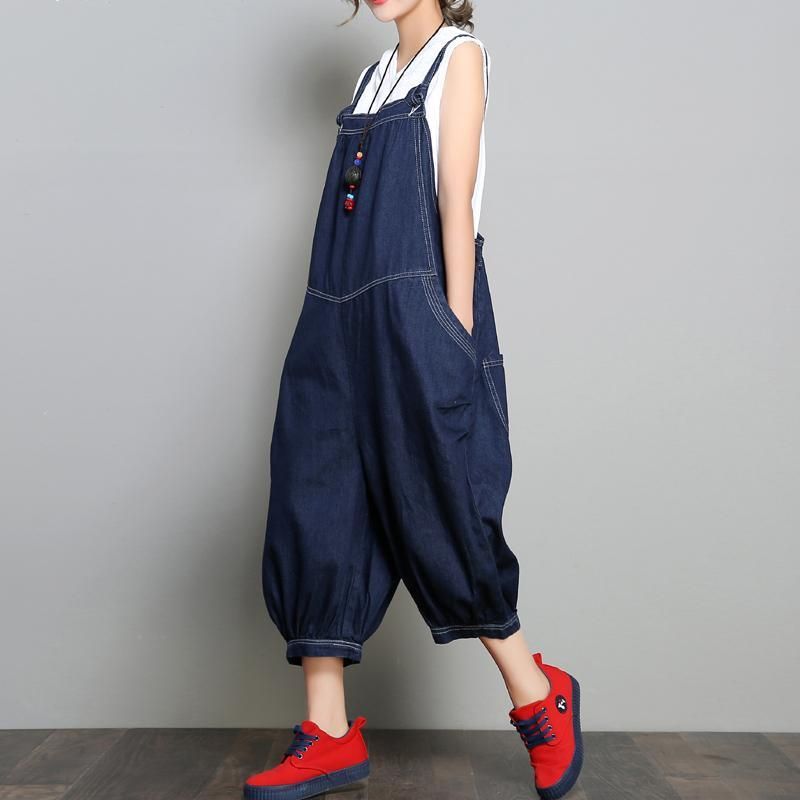 Nieuwe Losse Denim Retro Effen Kleur Jumpsuit