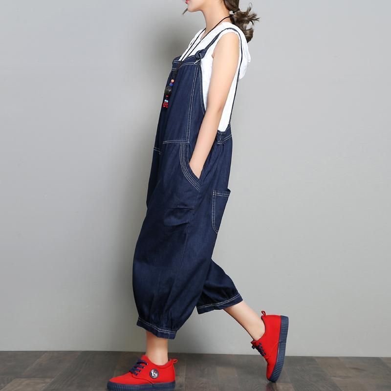 Nieuwe Losse Denim Retro Effen Kleur Jumpsuit