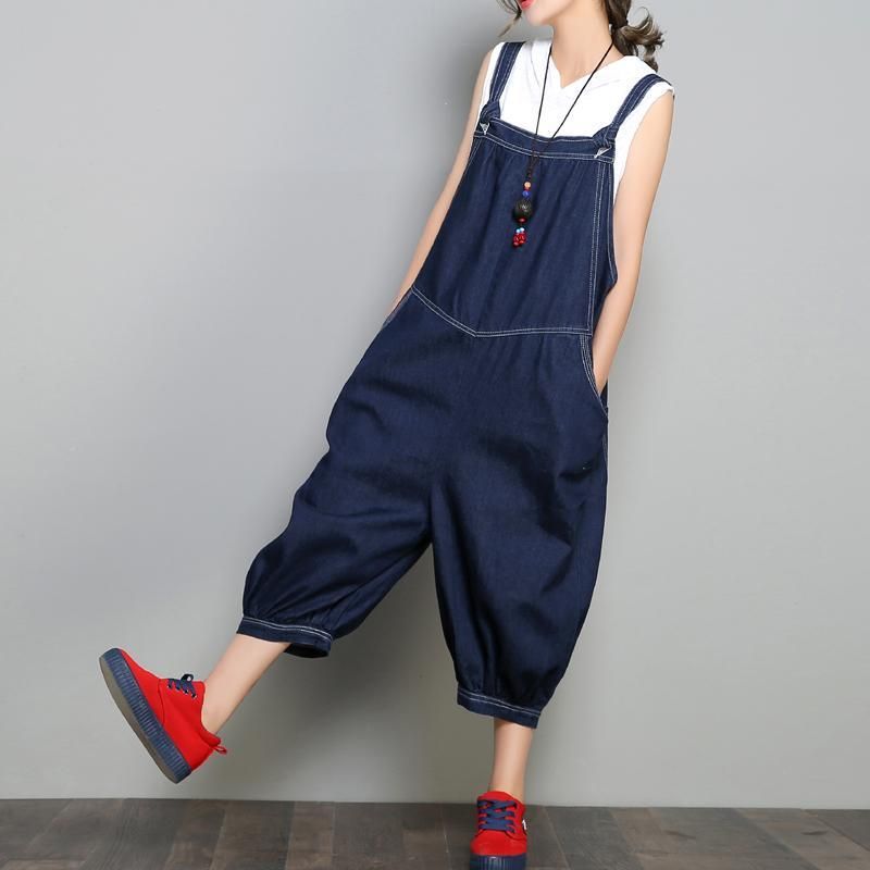 Nieuwe Losse Denim Retro Effen Kleur Jumpsuit